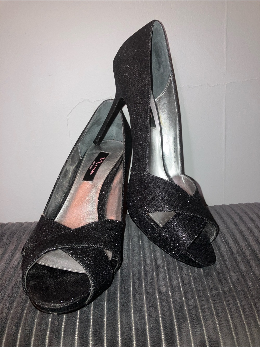 Nina Fosetta Black Bliss Glitter Open-Toe Stiletto Heels